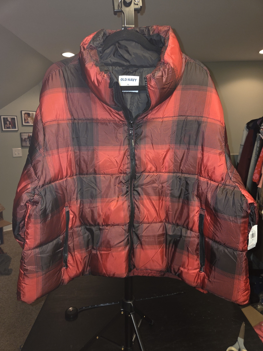 Old Navy Red and Black Plaid Puffer Jacket